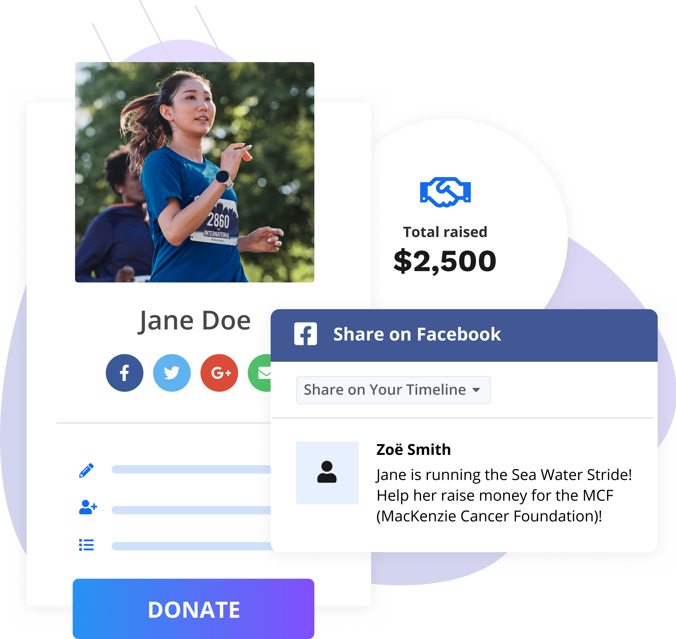 Mockup of participant fundraising profile