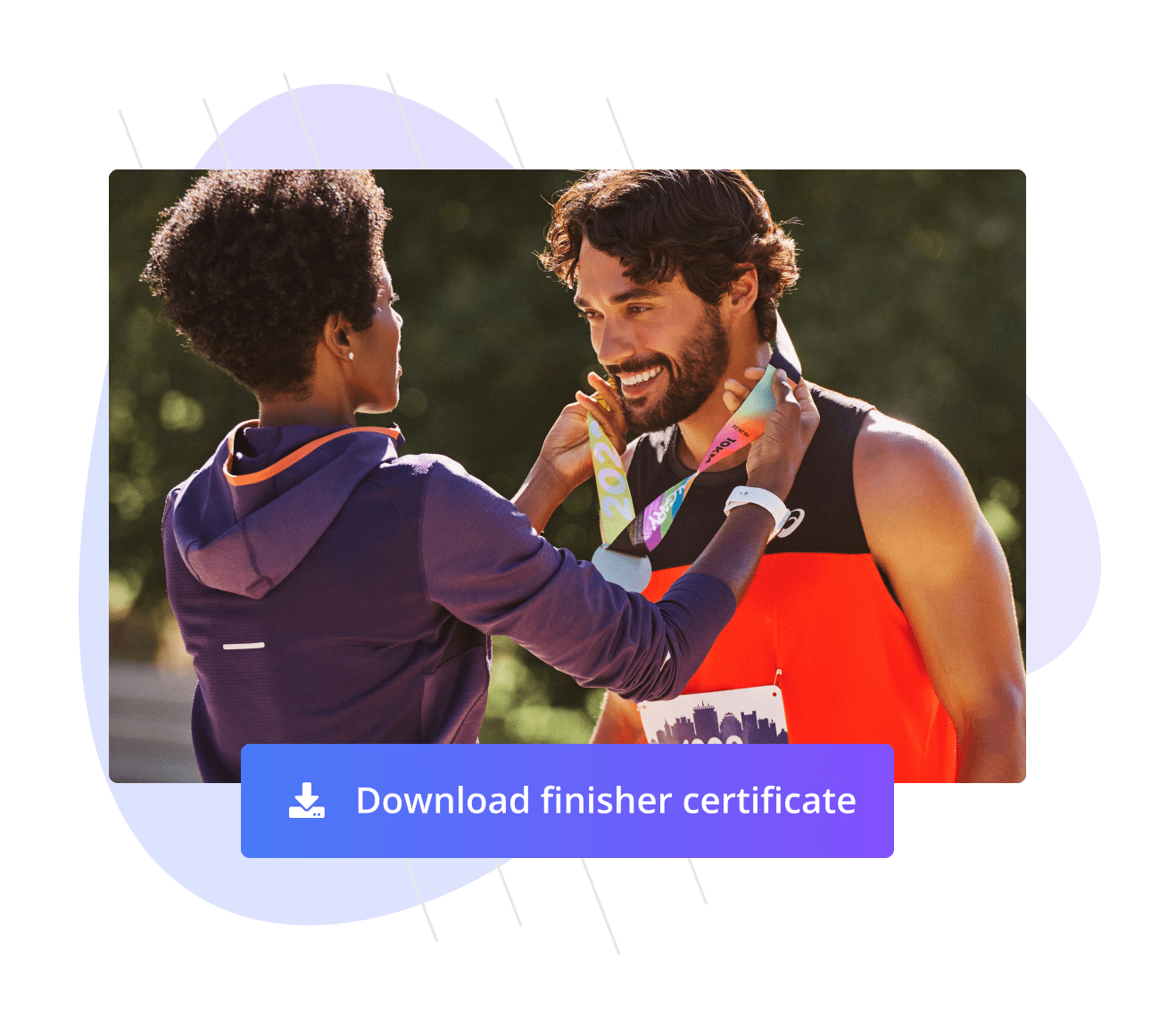 Participant receiving medal and download finisher certificate button