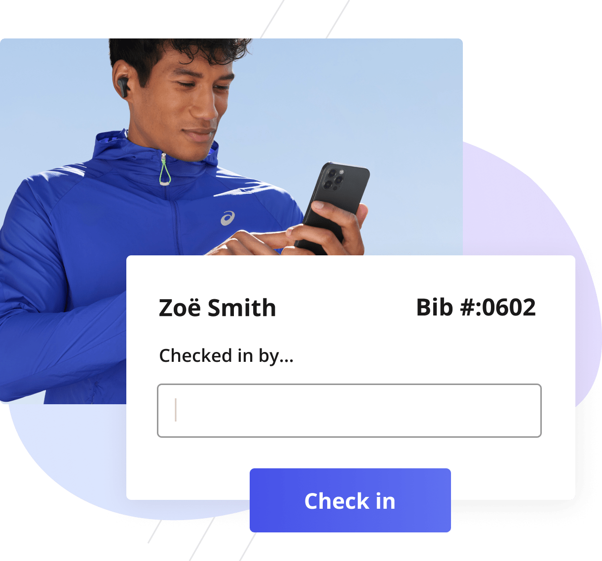 Participant pinning bib to shirt