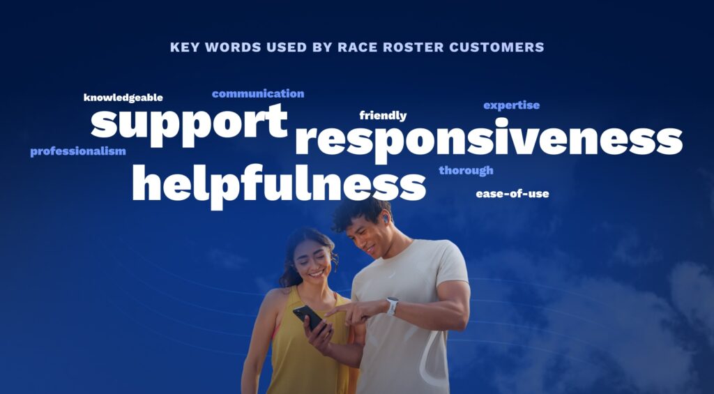 Key words used by Race Roster customers:

Knowledgeable. Communication. Friendly. Expertise. Professionalism. Thorough. Ease-of-use. Support. Responsiveness. Helpfulness.